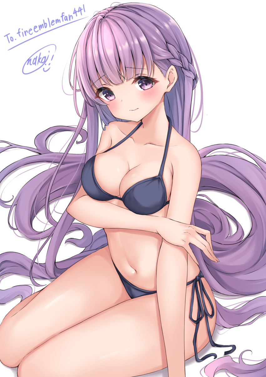 1girl absurdres bikini blue_bikini blush braid breasts commission commissioner_upload ears embarrassed fire_emblem fire_emblem:_the_binding_blade fire_emblem_heroes french_braid halterneck highres long_hair looking_at_viewer looking_up medium_breasts midriff nakaji_(user_snap3353) navel purple_hair side-tie_bikini signature simple_background solo sophia_(fire_emblem) string_bikini swimsuit very_long_hair violet_eyes white_background