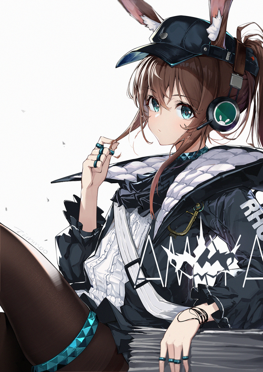 1girl amiya_(arknights) animal_ear_fluff animal_ears arknights ascot bangs black_coat black_headwear black_neckwear blush brown_hair brown_legwear bunny_girl closed_mouth clothes_writing coat ears_through_headwear eyebrows_visible_through_hair from_side hair_twirling headphones highres jewelry long_hair long_sleeves looking_at_viewer looking_to_the_side open_clothes open_coat pantyhose paper_stack ponytail rabbit_ears ring shirt sidelocks signature sitting solo thighlet timmoo white_shirt