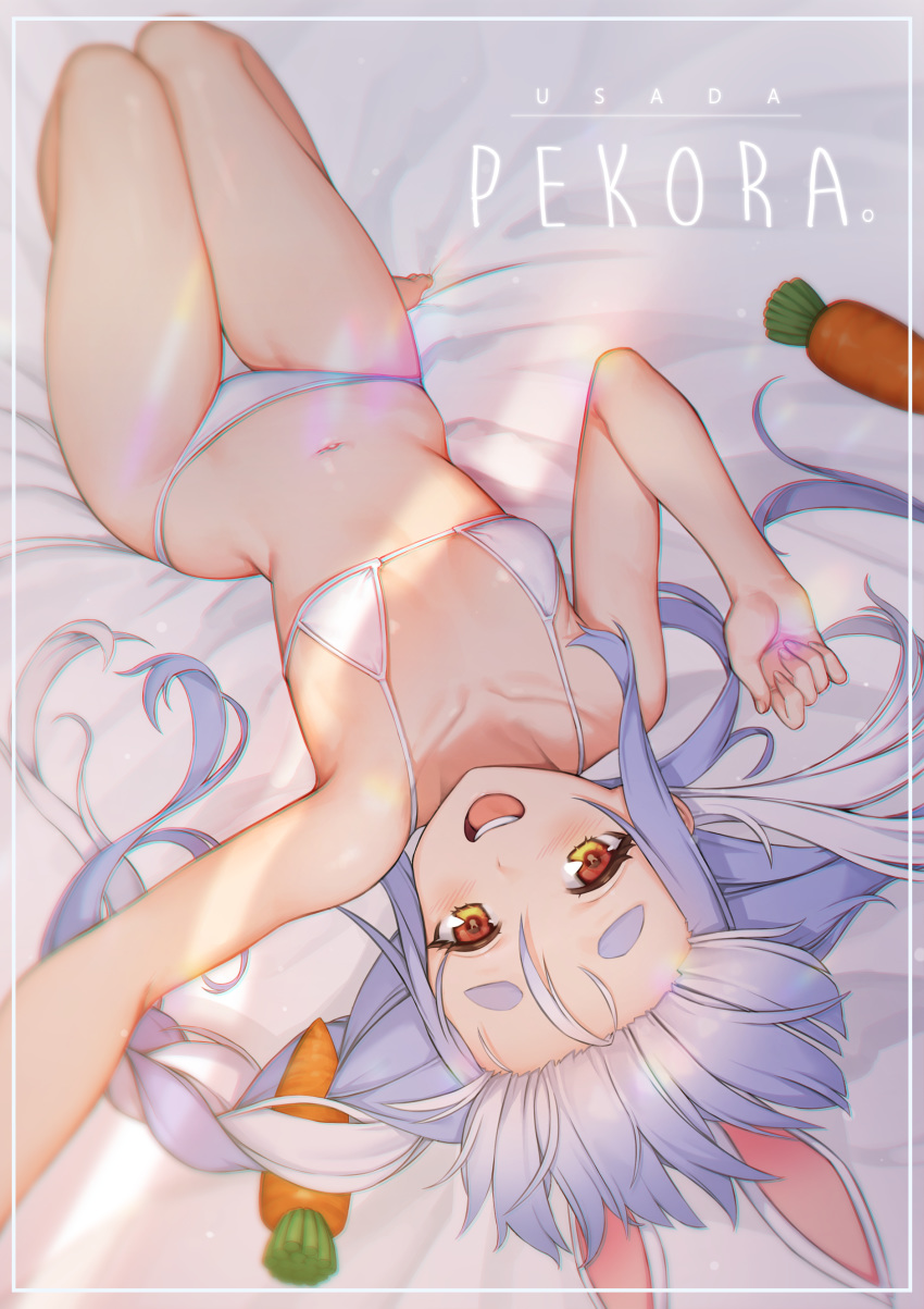 1girl absurdres animal_ears bare_shoulders bed bikini blue_hair braid breasts carrot_hair_ornament character_name collarbone commentary food_themed_hair_ornament hair_ornament highres hololive knees_up looking_at_viewer lying micro_bikini multicolored_hair navel on_back on_bed open_mouth orange_eyes rabbit_ears small_breasts smile solo sseli stomach streaked_hair swimsuit symbol-shaped_pupils thick_eyebrows twin_braids twintails upside-down usada_pekora white_bikini white_hair