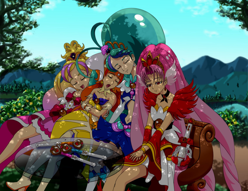 akagi_towa amanogawa_kirara blonde_hair blue_hair blueparo2000 closed_eyes closed_mouth commentary_request cure_flora cure_mermaid cure_scarlet cure_twinkle glass_table go!_princess_precure haruno_haruka highres kaidou_minami leaning_on_person mountain open_mouth orange_hair outdoors pink_hair precure red_eyes shade sleeping sleeping_on_person sleeping_upright table wand