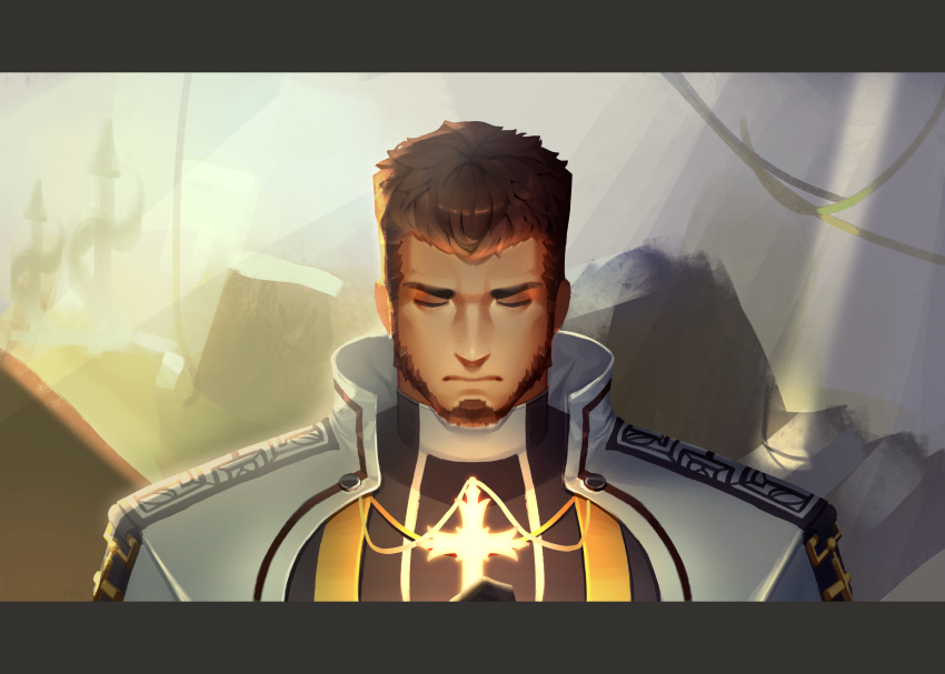 1boy absurdres backlighting beard brown_hair close-up closed_eyes cropped_shoulders cross cross_necklace dungeon_and_fighter face facial_hair glowing highres jewelry male_focus male_priest_(dungeon_and_fighter) manly my_eight necklace priest short_hair solo upper_body