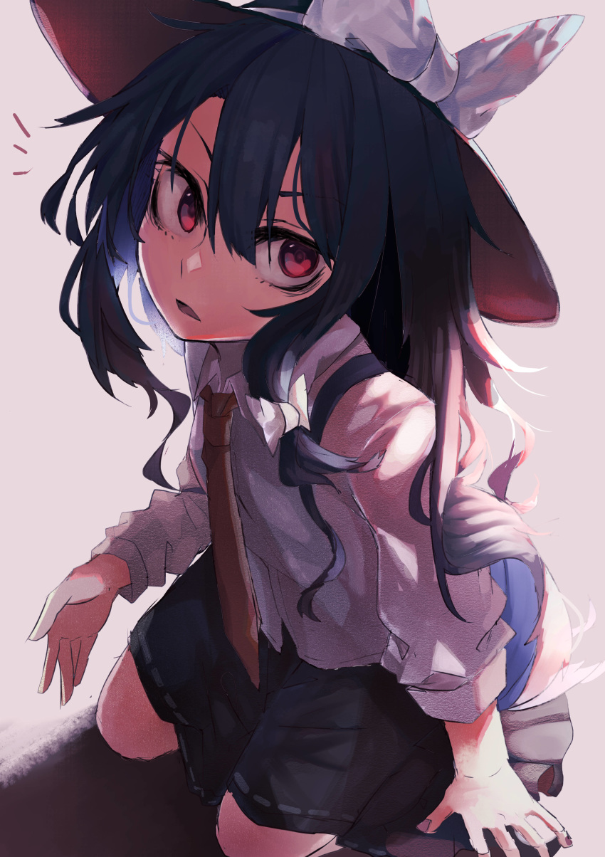 /\/\/\ 1girl absurdres black_hair black_skirt bow collared_shirt grey_background hair_between_eyes hair_bow hat hat_bow highres murayo necktie red_bow red_eyes red_neckwear shirt skirt solo touhou usami_renko white_bow white_shirt