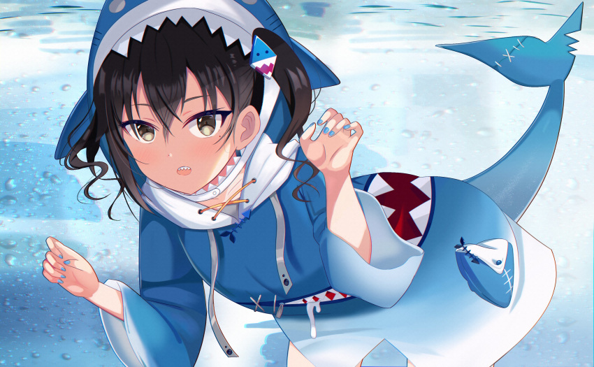 1girl absurdres animal_hood aventador bangs black_hair blue_hoodie brown_eyes cosplay gawr_gura gawr_gura_(cosplay) highres hololive hololive_english hood hoodie idolmaster idolmaster_cinderella_girls long_sleeves looking_at_viewer mole mole_under_eye nail_polish open_mouth shark_costume shark_hood shark_print shark_tail sharp_teeth solo sunazuka_akira tail teeth twintails wide_sleeves