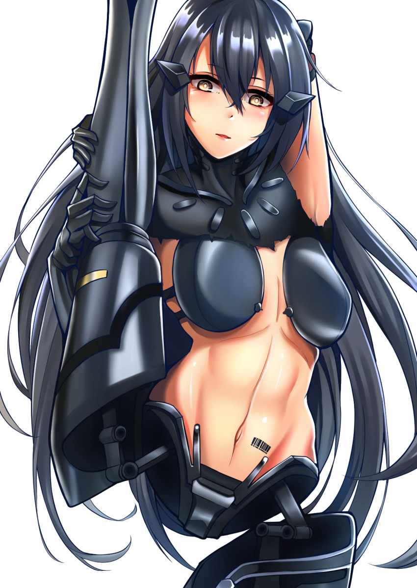 1girl artificial_eye barcode_tattoo black_hair blush breasts cyborg dandelion_(girls_frontline) expressionless girls_frontline highres large_breasts long_hair mechanical_eye mechanical_legs mechanical_parts navel paradeus solo split standing standing_on_one_leg standing_split tattoo very_long_hair xlscaler yellow_eyes