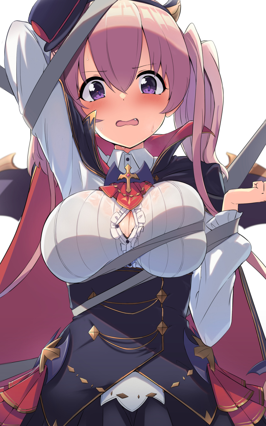1girl absurdres arm_up bangs blush bound breasts cape collared_shirt corset eyebrows_visible_through_hair fang hair_between_eyes hand_up hat high_collar highres large_breasts long_hair looking_at_viewer maza_kisuke mini_hat open_mouth pink_hair princess_connect! princess_connect!_re:dive shirt skindentation solo tilted_headwear tsumugi_(princess_connect!) twintails vampire_costume violet_eyes wings