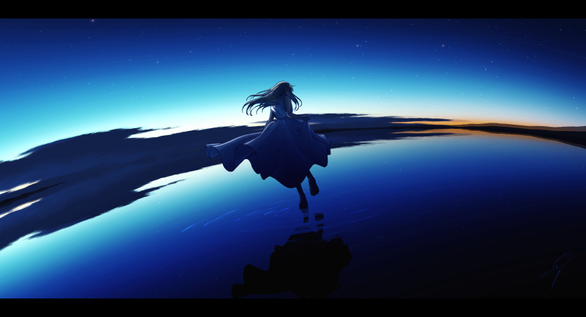 1girl absurdres clouds dark dawn dress floating_hair foot_up from_behind full_body grey_hair highres horizon lake letterboxed long_dress long_hair looking_down nengoro original outdoors reflection reflective_water ripples sidelocks signature skirt_hold sky solo standing standing_on_one_leg star_(sky) starry_sky walking water white_dress