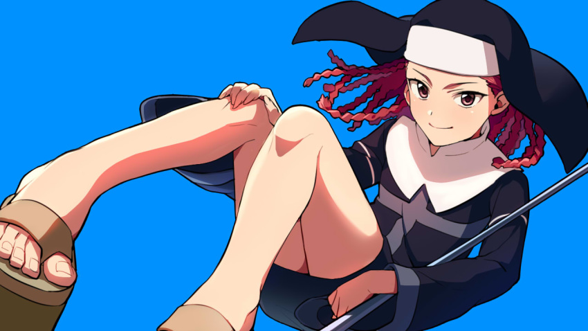 1girl agnese_sanctis blue_background braid brown_eyes closed_mouth commentary_request floating_hair habit light_smile long_hair looking_at_viewer nun redhead robe sandals sayshownen simple_background solo to_aru_majutsu_no_index toes