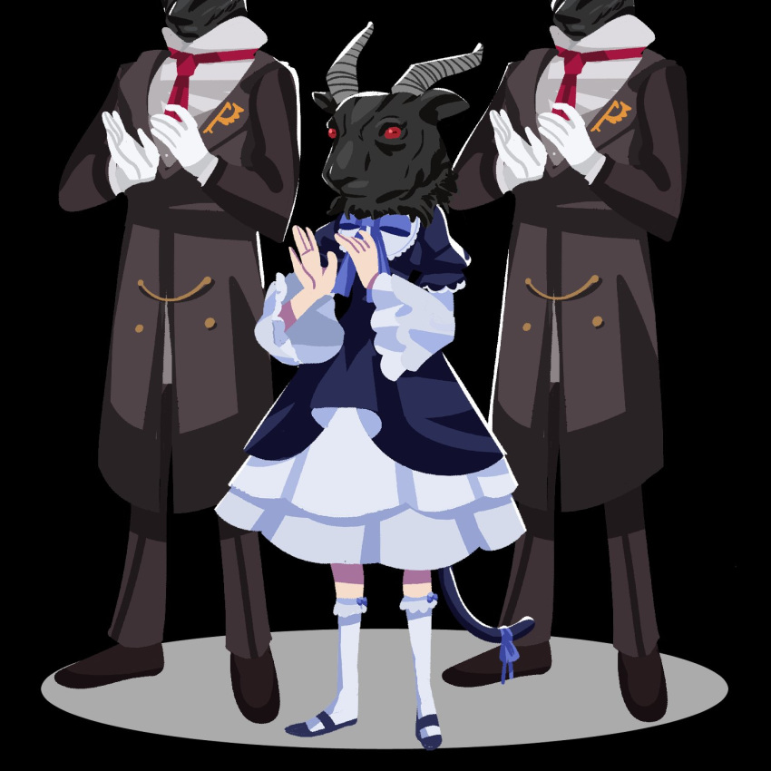 1girl cat_tail clapping dress frederica_bernkastel frilled_dress frills gativ0 gloves goat_horns goatman_(umineko) highres horns mask red_eyes tail umineko_no_naku_koro_ni