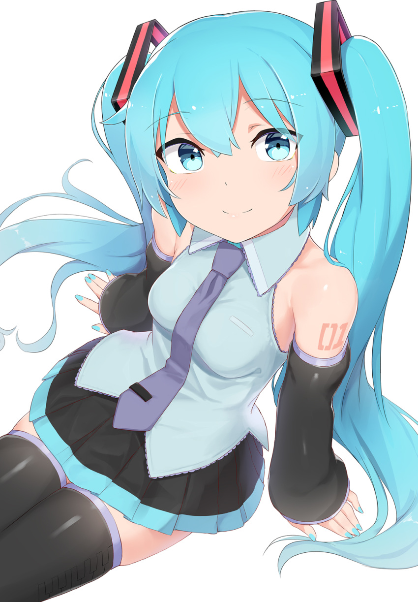 1girl abmayo aqua_eyes aqua_hair arm_support bangs bare_shoulders black_legwear black_skirt blue_eyes blue_nails blush breasts closed_mouth collared_shirt commentary detached_sleeves fingernails from_above grey_shirt hair_ornament hatsune_miku highres long_hair long_sleeves looking_at_viewer miniskirt nail_polish necktie pleated_skirt shirt shoulder_tattoo simple_background sitting skirt sleeveless sleeveless_shirt smile solo tattoo thigh-highs twintails very_long_hair vocaloid white_background zettai_ryouiki