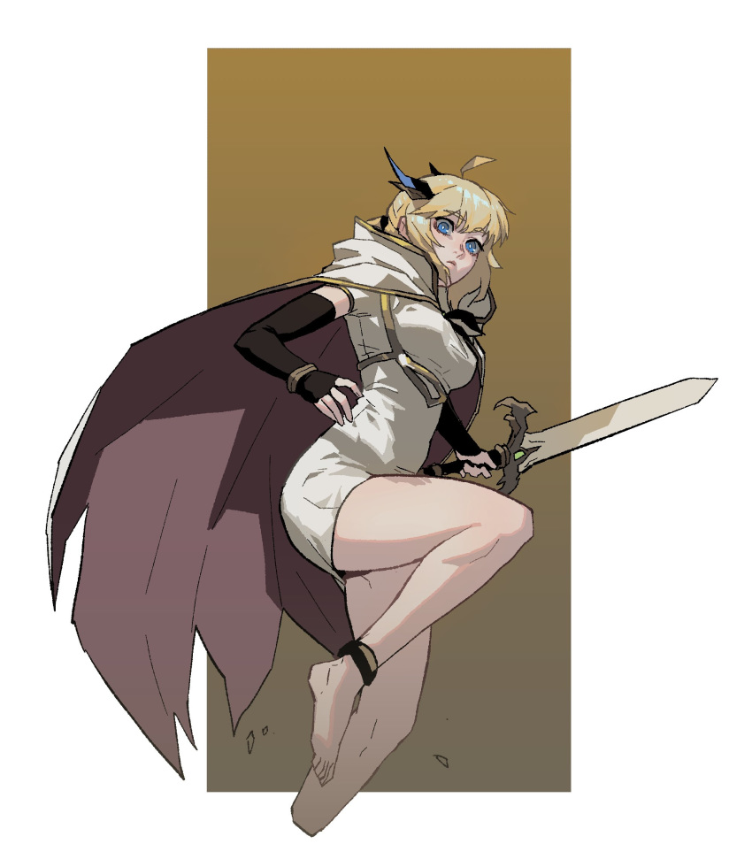 1girl ahoge barefoot black_gloves blonde_hair blue_eyes border borrowed_character bright_pupils brown_cape cape closed_mouth dress elbow_gloves gloves gogalking grey_cape highres holding holding_sword holding_weapon looking_at_viewer original short_dress solo standing standing_on_one_leg sword two-sided_cape two-sided_fabric weapon white_border white_dress white_pupils yellow_background