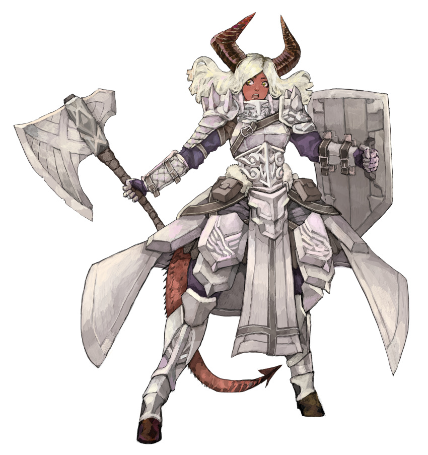 1girl absurdres armor axe belt_pouch blonde_hair breastplate demon_girl demon_horns demon_tail english_commentary fantasy full_body gauntlets highres holding holding_shield holding_weapon hooves horns looking_to_the_side open_mouth original pelvic_curtain plate_armor pouch red_skin shield shoulder_armor solo standing subakeye tail upper_teeth waist_cape weapon white_background yellow_eyes