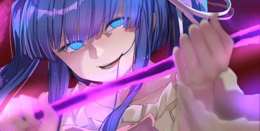 1girl blue_eyes choker frills furudo_erika glowing glowing_eyes hair_in_mouth hair_ornament highres holding holding_weapon purple_hair scythe sidelocks twintails umineko_no_naku_koro_ni usuaji weapon