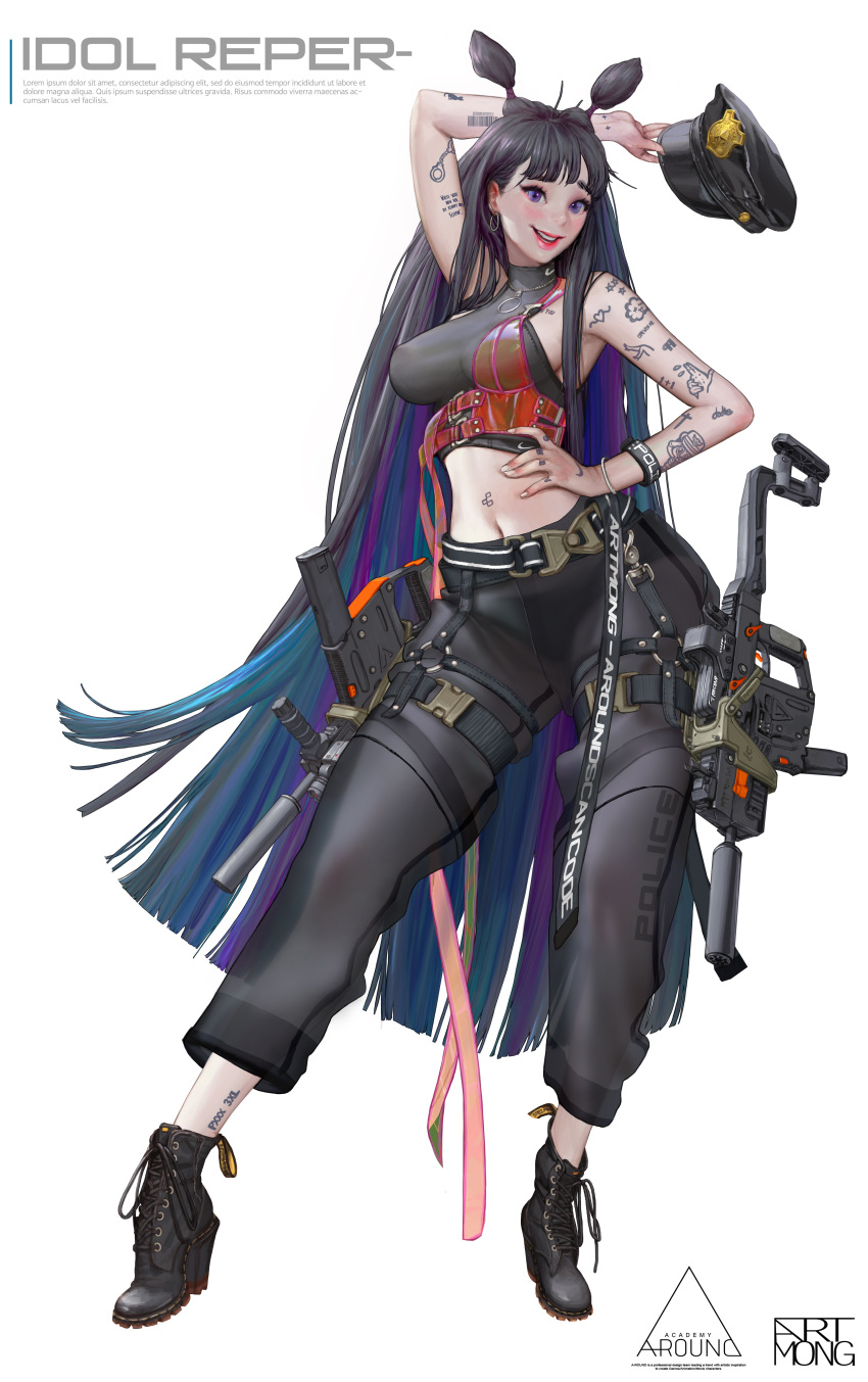 1girl absurdres artist_name artmong black_hair blue_eyes english_commentary gun hair_ears hat highres long_hair looking_at_viewer midriff navel open_mouth original police police_hat smile solo tattoo very_long_hair weapon white_background wide_hips