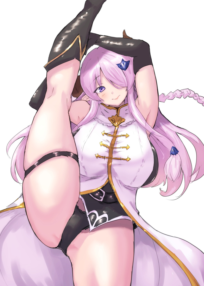 1girl armpits asymmetrical_footwear bangs bare_shoulders belt black_panties blue_eyes blush boots braid breasts closed_mouth draph elbow_gloves eyebrows_visible_through_hair fingerless_gloves gloves granblue_fantasy hair_ornament hair_over_one_eye highres horns kageo-super-dry large_breasts lips long_hair looking_at_viewer narmaya_(granblue_fantasy) panties partially_visible_vulva pink_hair pointy_ears simple_background single_thigh_boot sitting sleeveless smile solo split spread_legs standing standing_on_one_leg standing_split thick_thighs thigh-highs thigh_boots thigh_strap thighs tied_hair underwear white_background