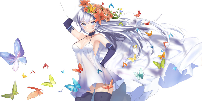 1girl absurdres arm_up armpits bare_shoulders blue_eyes blue_gloves blue_legwear blue_oath breasts bug butterfly choker collarbone cowboy_shot dress elbow_gloves floating_hair flower gloves halter_dress hand_on_hip hat hat_flower highres insect jervis_(blue_oath) kejirion long_dress long_hair looking_at_viewer panties parted_lips silver_hair simple_background sleeveless sleeveless_dress small_breasts solo spaghetti_strap standing sun_hat thigh-highs underwear very_long_hair white_background white_dress white_headwear white_panties