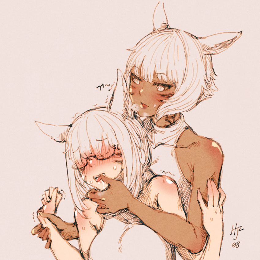 2girls absurdres animal_ears blowing_in_ear blush breasts cat_ears dark_skin eyebrows_visible_through_hair facial_mark facing_viewer final_fantasy final_fantasy_xiv full-face_blush glasses hair_over_face halterneck highres hjz_(artemi) hug looking_at_another medium_breasts medium_hair miqo'te multiple_girls neck_tattoo semi-rimless_eyewear short_hair sleeveless tattoo tongue tongue_out trembling upper_body whisker_markings white_hair wrist_grab y'shtola_rhul yuri