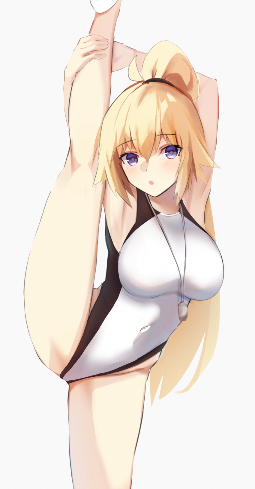 1girl absurdres armpits arms_up bangs bare_shoulders bee_doushi black_swimsuit blonde_hair blue_eyes blush breasts collarbone covered_navel fate/grand_order fate_(series) highleg highleg_swimsuit highres jeanne_d'arc_(fate)_(all) jeanne_d'arc_(swimsuit_archer) large_breasts leg_lift leg_up long_hair looking_at_viewer one-piece_swimsuit open_mouth ponytail simple_background split standing standing_on_one_leg standing_split swimsuit thighs two-tone_swimsuit very_long_hair whistle whistle_around_neck white_background white_swimsuit