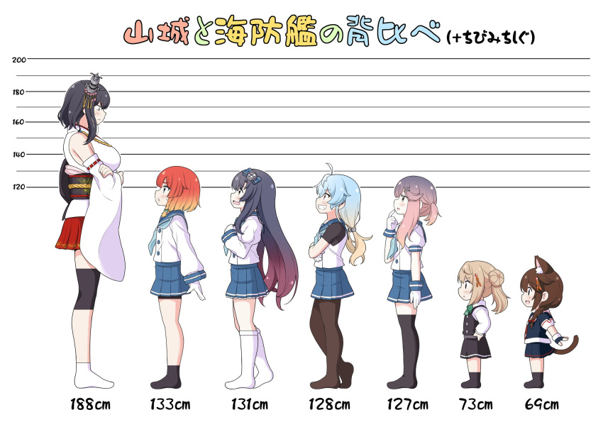 6+girls ahoge alternate_height animal_ears bangs black_hair black_legwear black_skirt blonde_hair blue_hair blue_skirt braid breasts brown_hair cat_ears cat_tail chibi commentary_request crossed_arms detached_sleeves double_bun etorofu_(kantai_collection) flat_chest from_side gradient_hair grin hair_ornament hairband headgear height_chart height_difference highres japanese_clothes kantai_collection large_breasts light_brown_hair long_hair long_sleeves matsuwa_(kantai_collection) michishio_(kantai_collection) miko multicolored_hair multiple_girls obi open_mouth pantyhose profile purple_hair redhead remodel_(kantai_collection) sado_(kantai_collection) sailor_collar sash school_uniform serafuku shigure_(kantai_collection) short_sleeves sidelocks simple_background single_braid skirt smile socks sweat tail tenshin_amaguri_(inobeeto) thigh-highs translation_request tsushima_(kantai_collection) white_background white_legwear yamashiro_(kantai_collection)
