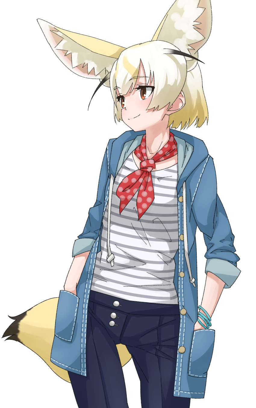 1girl absurdres animal_ear_fluff animal_ears bangs black_hair blonde_hair brown_eyes buttons casual closed_mouth contemporary cowboy_shot cravat drawstring extra_ears eyebrows_visible_through_hair fennec_(kemono_friends) fox_ears fox_girl fox_tail hands_in_pockets highres hood hood_down hooded_jacket horizontal_stripes jacket kemono_friends looking_to_the_side medium_hair multicolored_hair open_clothes open_jacket pants parted_bangs pocket shirt simple_background smile solo striped striped_shirt t-shirt tail tanabe_(fueisei) unbuttoned white_background