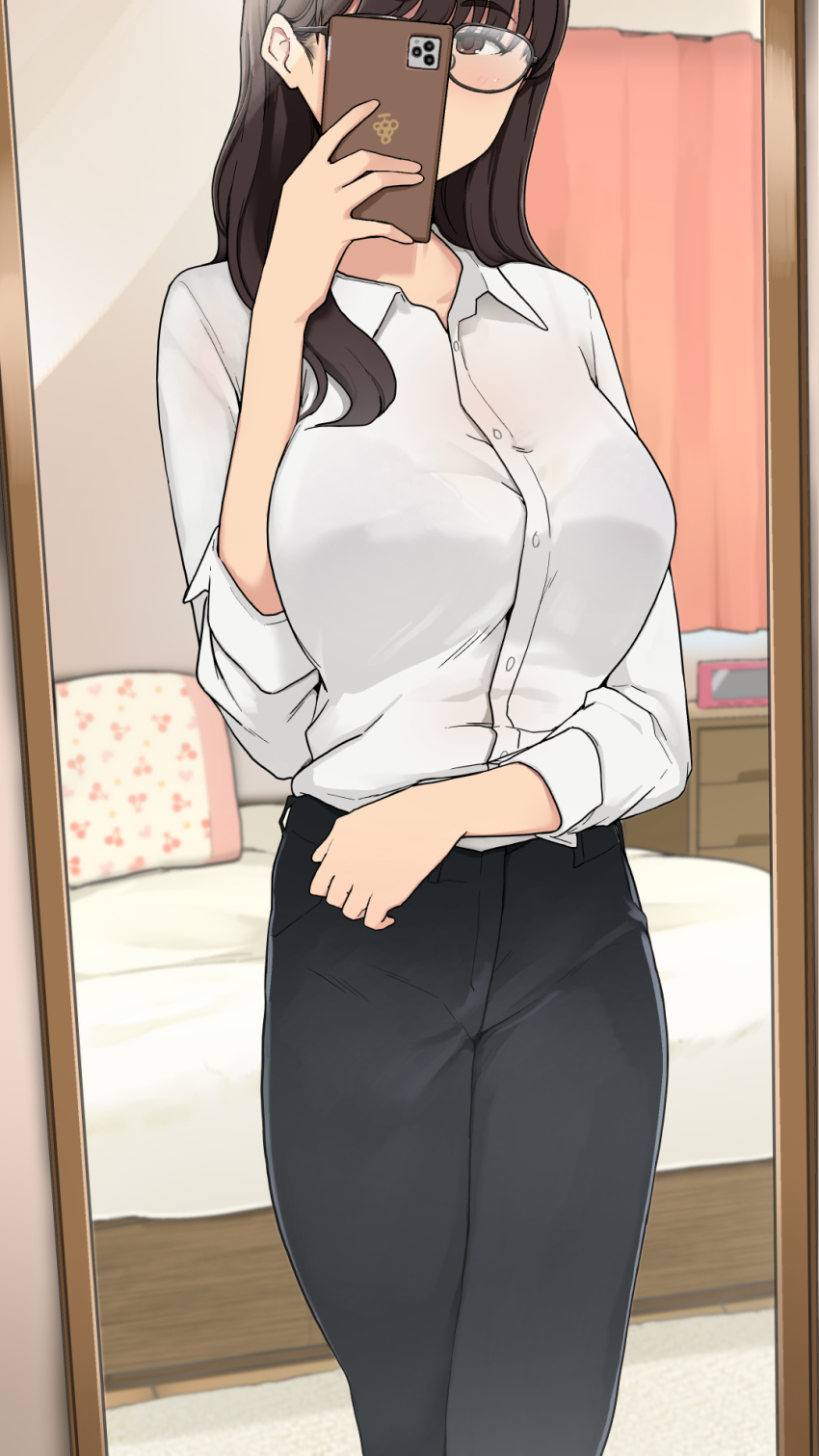 1girl bangs bed black_pants bra_through_clothes breasts brown_eyes brown_hair cellphone chest_of_drawers collared_shirt commentary_request curtains dress_shirt glasses highres holding holding_phone indoors large_breasts original pants phone pillow see-through self_shot shirt sleeves_rolled_up smartphone standing translation_request wakamatsu372 white_shirt