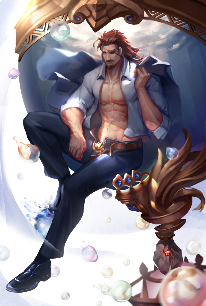 1boy abs absurdres bara bare_chest belt brown_eyes brown_hair bulge chest denim eugen_(granblue_fantasy) eyepatch facial_hair full_body goatee granblue_fantasy highres jacket_over_shoulder jeans long_hair male_focus manly muscle mustache my_eight navel nipples open_clothes open_pants open_shirt pants shoes sideburns sitting solo thick_thighs thighs
