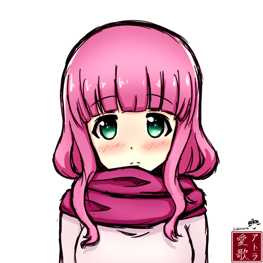 1girl aikazilla alternate_eye_color alternate_hair_color artist_name bangs blush eyebrows_visible_through_hair girls_und_panzer green_eyes highres looking_at_viewer pink_hair scarf takebe_saori white_background