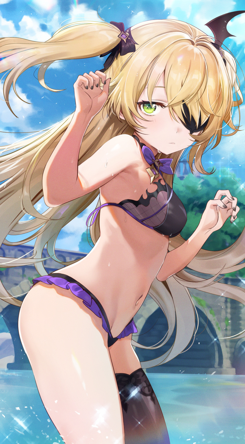 1girl absurdres adapted_costume armpits bangs bare_arms bare_shoulders bikini black_legwear black_nails blonde_hair blush breasts day eyepatch fischl_(genshin_impact) frilled_bikini frills genshin_impact green_eyes groin hair_ornament hair_over_one_eye hair_ribbon halterneck hands_up highres long_hair looking_at_viewer nail_polish navel outdoors ribbon seicoh single_thighhigh small_breasts solo standing stomach swimsuit thigh-highs thighs two_side_up wet