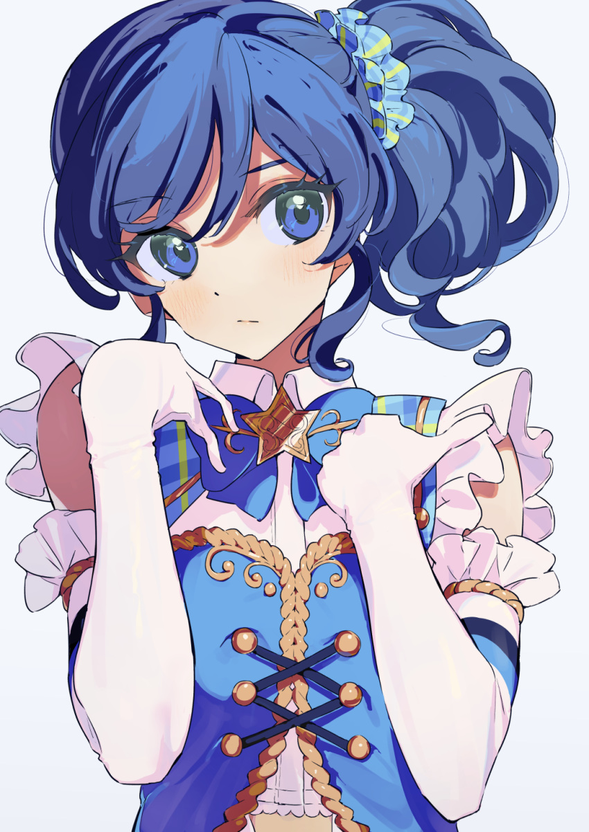 1girl aikatsu! aikatsu!_(series) blue_eyes blue_hair blue_neckwear blue_scrunchie blue_shirt bow bowtie closed_mouth collared_shirt elbow_gloves eyebrows_visible_through_hair frilled_gloves frilled_shirt frills gloves grey_background hair_ornament hair_scrunchie hands_on_own_chest highres idol kiriya_aoi light_frown looking_at_viewer medium_hair scrunchie shirt side_ponytail simple_background sleeveless sleeveless_shirt solo star_ornament upper_body wavy_hair white_gloves yamamura_saki