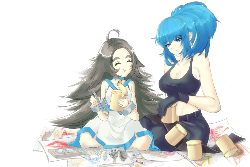 2girls bangs black_gloves black_pants blue_eyes blue_hair breasts brown_hair can canned_food chang_koehan closed_eyes crayon dress earrings food food_in_mouth gloves height_difference ikari_hime jewelry leona_heidern long_hair mobile multiple_girls pants paper ponytail pretty_chang sitting spoon tank_top the_king_of_fighters the_king_of_fighters_all-stars triangle_earrings white_background