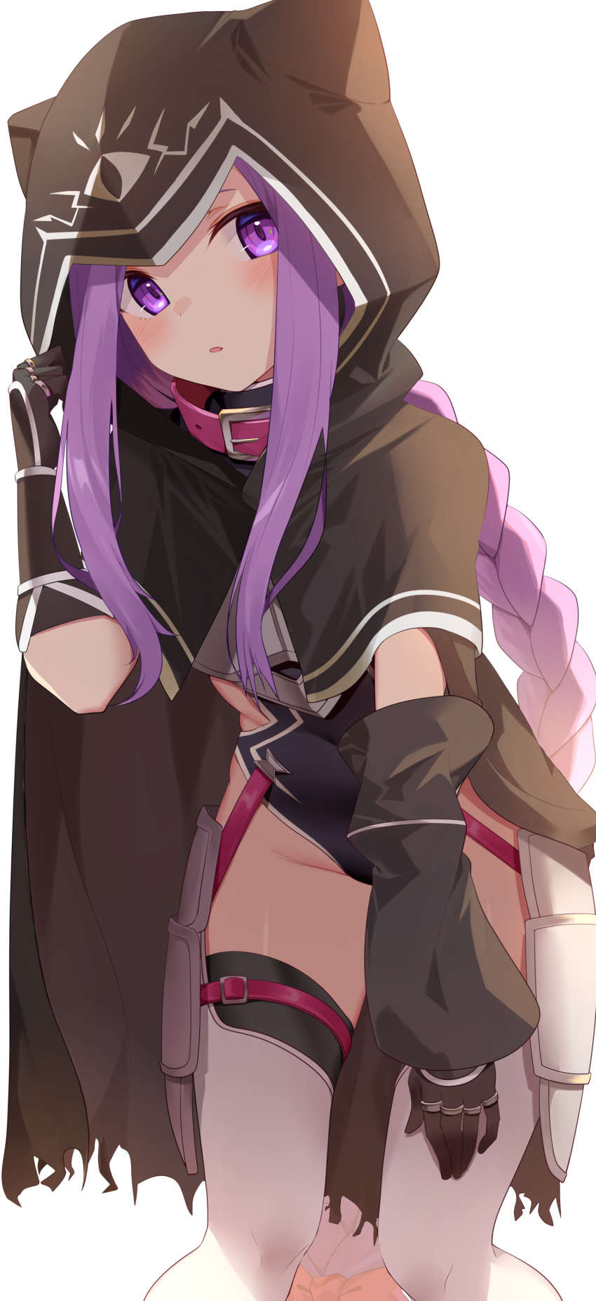 1girl absurdres bangs black_cape black_cloak black_gloves black_leotard blush breasts cape cloak collar elbow_gloves fate/grand_order fate_(series) faulds gauntlets gloves highres hood hood_up hooded_cloak jun_(aousa0328) leotard long_braid long_hair looking_at_viewer medusa_(lancer)_(fate) parted_bangs parted_lips purple_hair red_collar rider sidelocks simple_background thigh-highs thighs very_long_hair violet_eyes white_background white_legwear younger