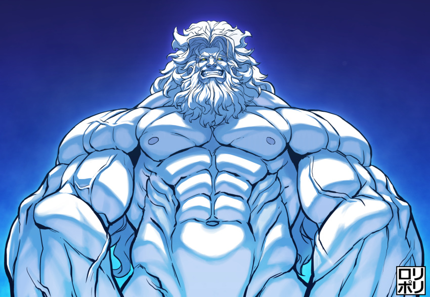 1boy abs aura bara bare_chest beard blue_sclera chest facial_hair fate/grand_order fate_(series) from_below glowing glowing_eyes gradient gradient_background grin hair_intakes highres jamrolypoly long_hair male_focus manly muscle navel nipples nude pale_skin short_hair smile solo upper_body veins white_hair yellow_eyes zeus_(fate/grand_order)