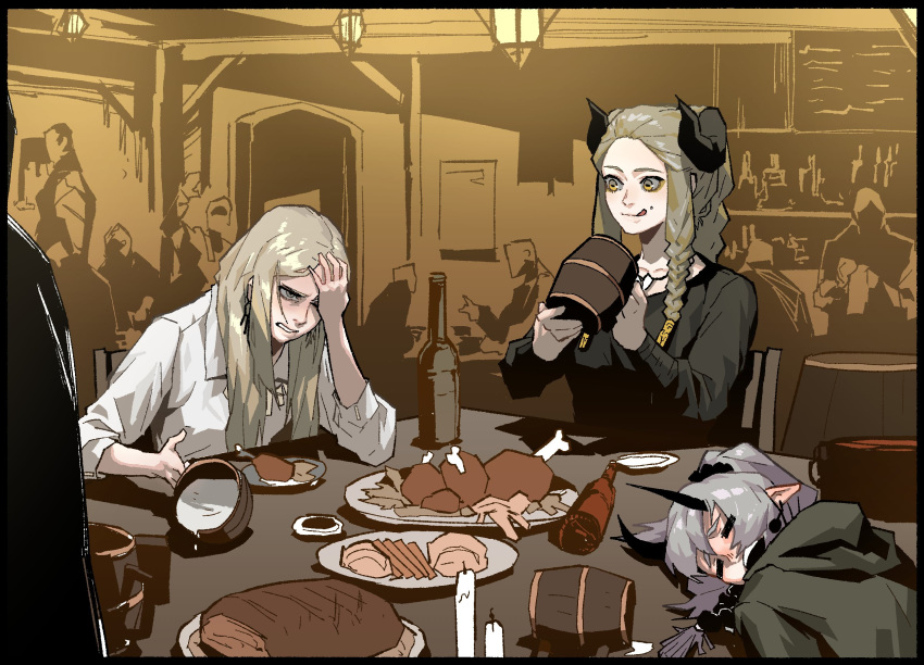 3girls :q =_= black_border blonde_hair boned_meat border bottle clenched_teeth commentary d: earrings food gogalking grey_eyes grey_hair hair_tubes hand_on_own_face hand_up highres hood hood_down horizontal_pupils horns indoors jewelry leonir_(gogalking) licking_lips meat multiple_girls oni_(gogalking) open_mouth original people plate pointy_ears ponytail shirt side_braids sitting smile steak symbol_commentary table tavern teeth tongue tongue_out warchief_(gogalking) white_shirt yellow_eyes