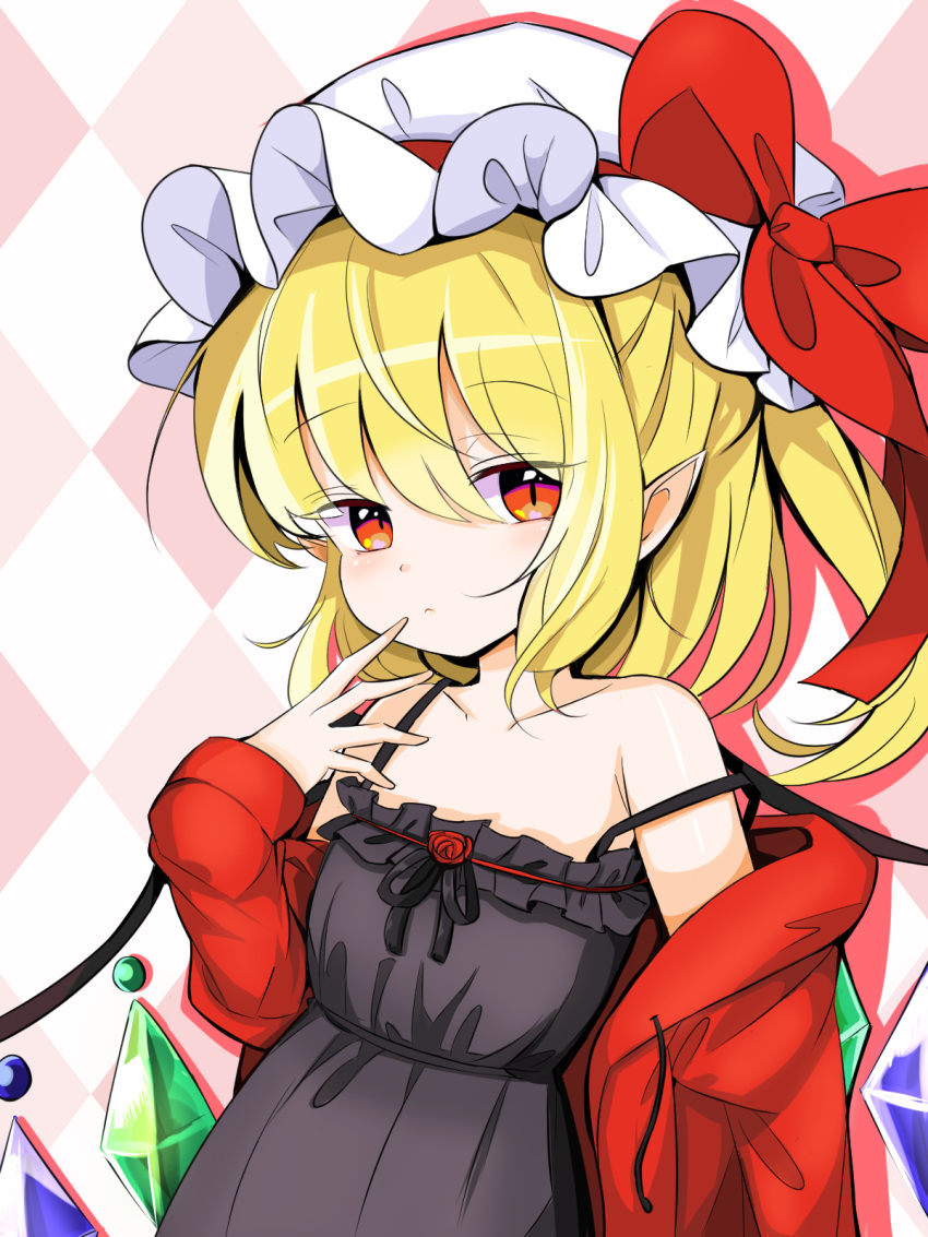 1girl alternate_costume argyle argyle_background bare_shoulders black_dress black_ribbon blonde_hair blush bow closed_mouth collarbone commentary_request crystal dress dutch_angle expressionless eyebrows_visible_through_hair eyes_visible_through_hair finger_to_mouth flandre_scarlet flat_chest frills hair_between_eyes half-closed_eyes harakune_(mugennero) hat hat_bow highres jacket looking_at_viewer medium_hair mob_cap one_side_up pointy_ears red_bow red_eyes red_jacket removing_jacket ribbon simple_background slit_pupils solo touhou upper_body wings