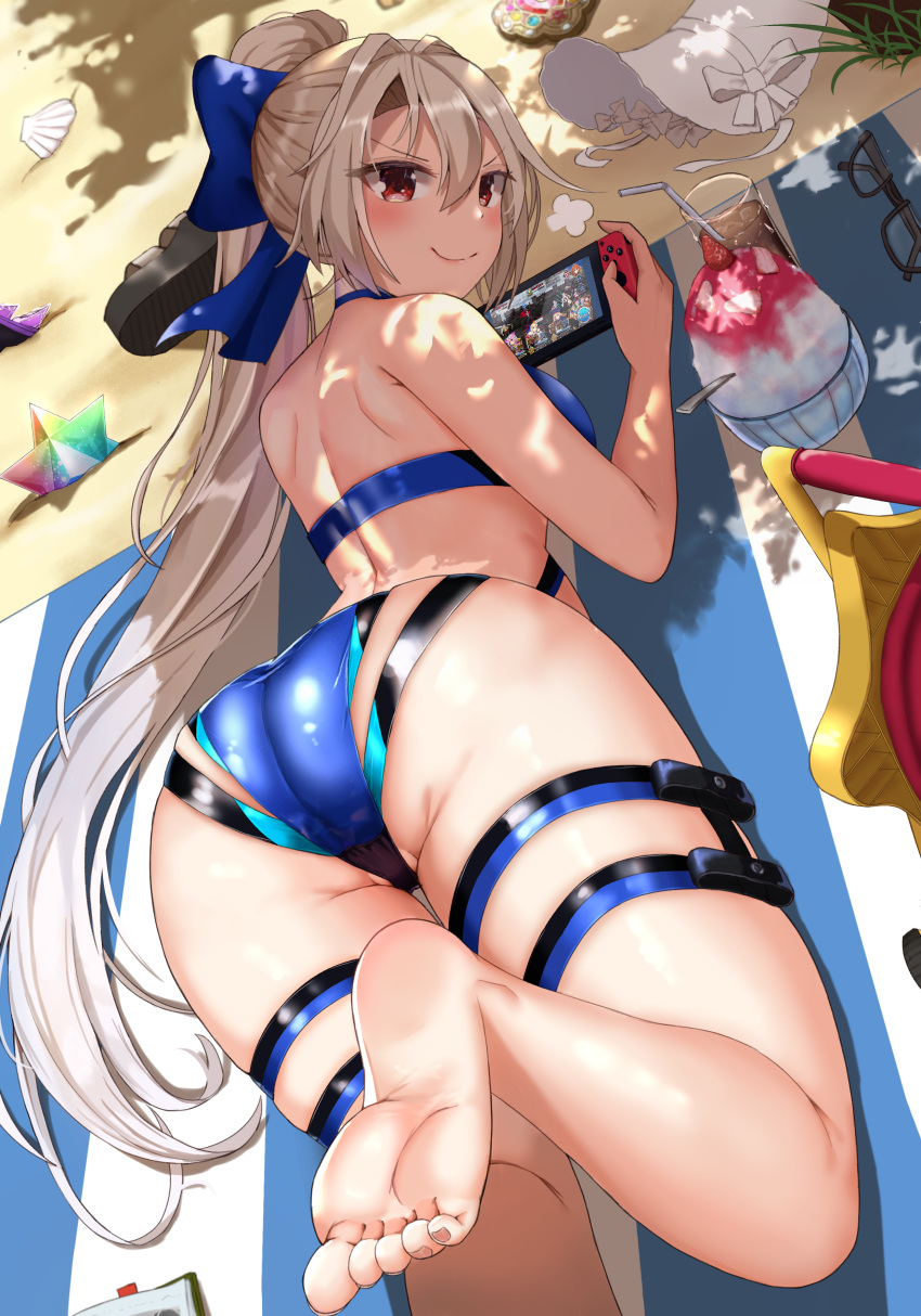 1girl absurdres ass back bangs beach beach_mat blue_bow blue_swimsuit blush bonnet boo_iro bow breasts cup fate/grand_order fate_(series) feet glasses hair_between_eyes hair_bow handheld_game_console highleg highleg_swimsuit highres holding holding_handheld_game_console large_breasts legs long_hair looking_at_viewer looking_back nintendo_switch one-piece_swimsuit playing_games ponytail red_eyes saint_quartz shaved_ice silver_hair smile soles swimsuit thighs toes tomoe_gozen_(fate/grand_order) tomoe_gozen_(swimsuit_saber)_(fate) two-tone_swimsuit white_swimsuit