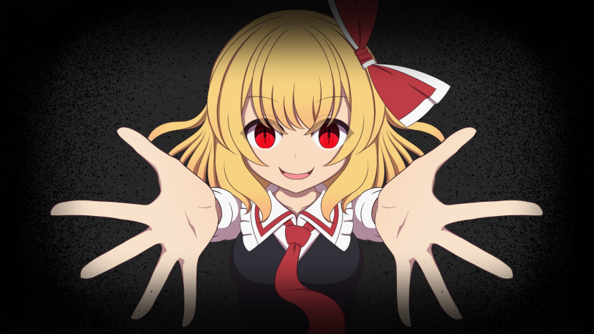 1girl bangs black_background black_vest blonde_hair bow breasts commentary_request darkness eyebrows_visible_through_hair foreshortening frilled_shirt_collar frills gradient gradient_background hair_bow highres long_sleeves looking_at_viewer medium_breasts medium_hair necktie open_mouth reaching_out red_bow red_eyes red_neckwear rumia simple_background slit_pupils smile solo takapi_3 touhou upper_body vest