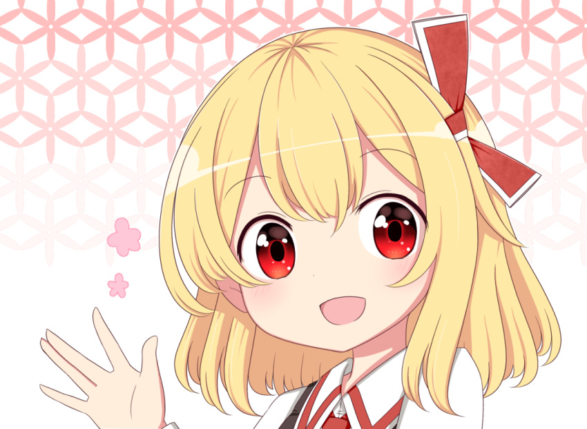 1girl :d \||/ black_vest blonde_hair blush commentary_request eyebrows_visible_through_hair face hair_ribbon long_sleeves looking_at_viewer medium_hair open_mouth patterned_background portrait red_eyes red_neckwear red_ribbon ribbon rumia shirt simple_background smile solo takapi_3 touhou vest white_shirt