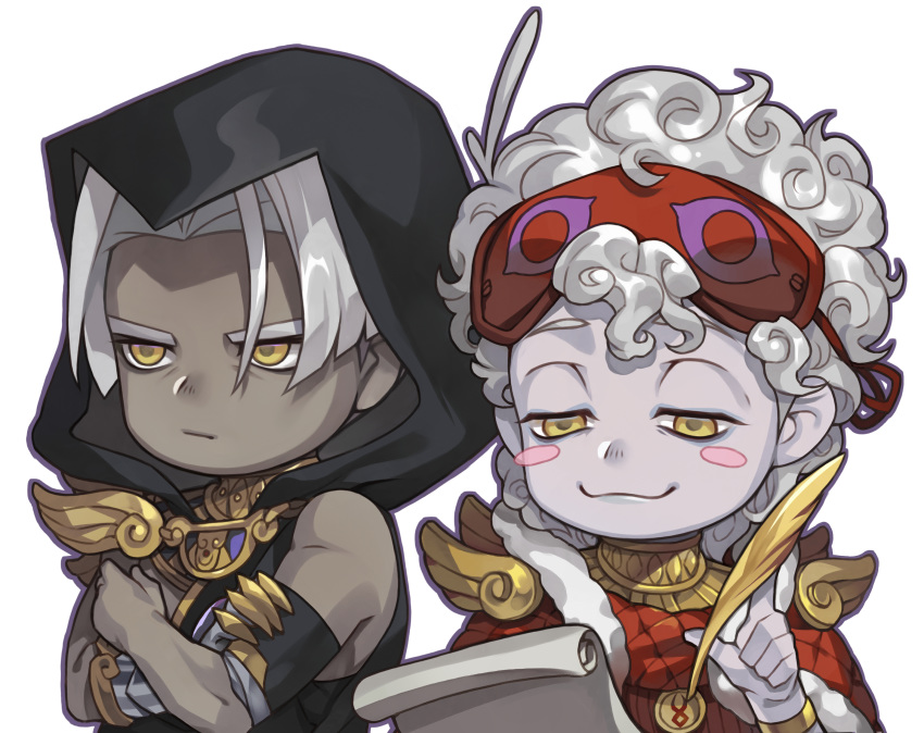 2boys absurdres ahoge armlet black_headwear blush_stickers chibi crossed_arms curly_hair dark_skin dark_skinned_male gauntlets hades_(game) highres hood hypnos_(hades) mask mask_on_head multiple_boys pale_skin paper quill simple_background sleep_mask thanatos_(hades) upper_body white_background white_hair winter_(winter168883) yellow_eyes
