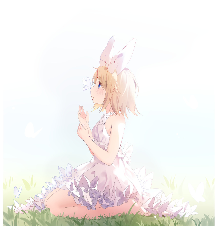 1girl absurdres barefoot blonde_hair blue_eyes bow bug butterfly butterfly_on_nose commentary day dress frilled_dress frills from_side full_body grass hair_bow highres hmniao insect kagamine_rin outdoors parted_lips seiza short_hair sitting sleeveless sleeveless_dress solo sundress vocaloid white_bow white_butterfly white_dress