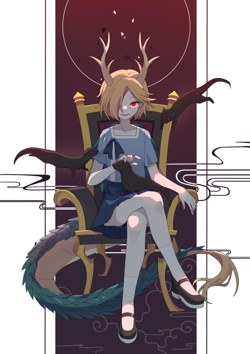 1girl absurdres animal_on_lap antlers black_footwear blonde_hair blue_shirt blue_skirt bow chair collarbone commentary_request crossed_legs dragon_girl dragon_tail flat_chest full_body gla highres kicchou_yachie looking_at_viewer mary_janes open_mouth petting pleated_skirt red_eyes shirt shoes short_hair sitting skirt smile socks tail touhou weasel white_legwear