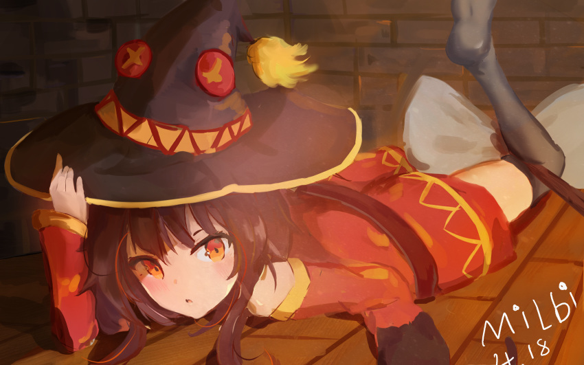 1girl absurdres belt black_hair black_legwear cat chomusuke hat highres indoors kono_subarashii_sekai_ni_shukufuku_wo! long_sleeves looking_at_viewer lying megumin on_stomach pillow red_eyes short_hair solo thigh-highs user_fhds2383 witch_hat