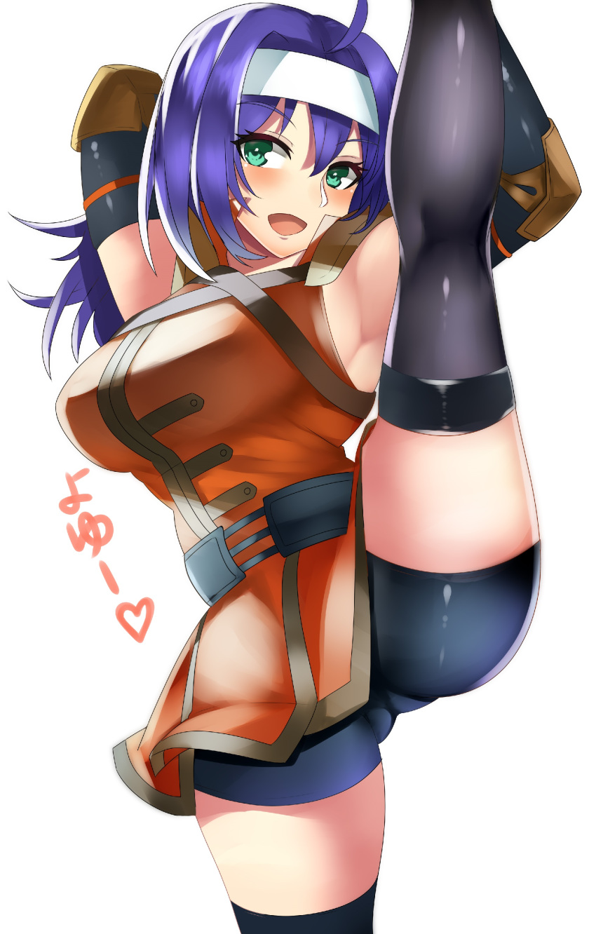 1girl absurdres ahoge armpits bike_shorts breasts fire_emblem fire_emblem:_path_of_radiance green_eyes headband highres large_breasts leg_up looking_at_viewer mia_(fire_emblem) open_mouth purple_hair stretch tagme tea_texiamato thigh-highs white_headband