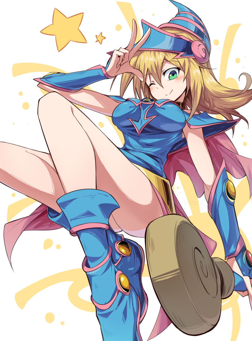 1girl blonde_hair blue_footwear blush boots breasts closed_mouth commentary_request dark_magician_girl duel_monster green_eyes hand_up hat highres holding long_hair looking_at_viewer one_eye_closed pentacle shimure_(460) smile solo staff star_(symbol) w wizard_hat yu-gi-oh!