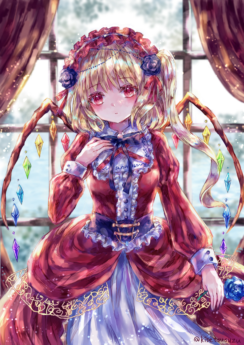 1girl absurdres alternate_costume arm_up blonde_hair blue_flower blue_rose blush commentary cowboy_shot curtains day dress expressionless eyebrows_visible_through_hair flandre_scarlet flower gothic_lolita hair_flower hair_ornament hairband hand_on_own_chest head_tilt highres holding holding_flower indoors layered_dress lolita_fashion lolita_hairband looking_at_viewer one_side_up purple_flower purple_rose red_dress red_eyes red_headwear rose shiny shiny_hair short_hair solo standing suzushina touhou twitter_username underbust window wings