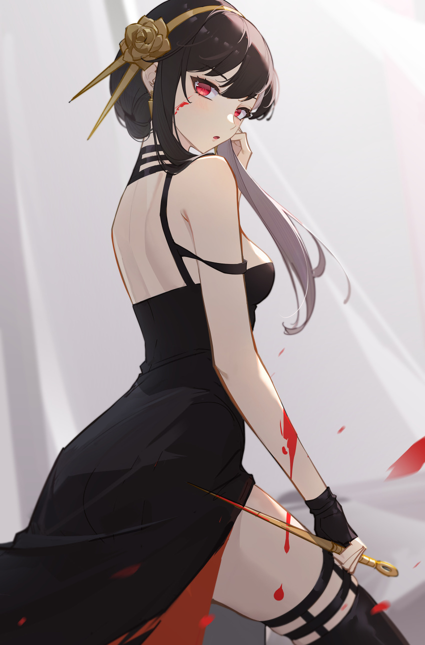 1girl :o absurdres back black_dress black_gloves black_hair black_legwear blood blood_on_arm blood_on_face blood_on_leg blood_on_weapon breasts dress fingerless_gloves flower from_side gloves gold_hairband hair_flower hair_ornament hand_up highres lance_(lancelliu) long_hair looking_at_viewer looking_to_the_side medium_breasts parted_lips revision rose sidelocks skindentation solo spikes spy_x_family strap_slip thigh-highs two-sided_dress two-sided_fabric weapon yor_briar zettai_ryouiki