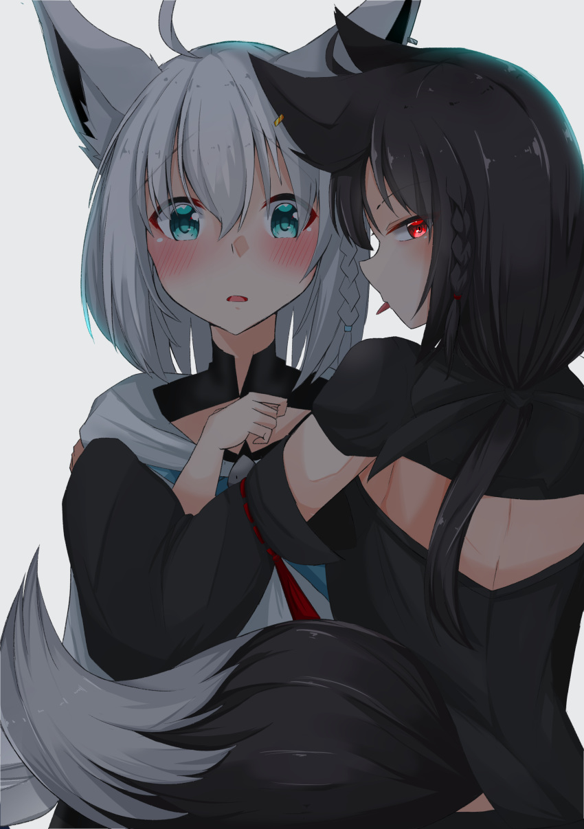 2girls absurdres ahoge animal_ear_fluff animal_ears bangs black_hair black_hoodie blue_neckwear blush braid detached_sleeves earrings eyebrows_visible_through_hair fox_ears fox_girl fox_tail green_eyes hair_between_eyes hair_ribbon highres hololive hug jewelry kudryavka_vt kurokami_fubuki long_hair looking_at_viewer multiple_girls neckerchief open_mouth red_eyes ribbon shirakami_fubuki sidelocks simple_background single_braid tail tongue tongue_out virtual_youtuber white_background white_hair white_hoodie