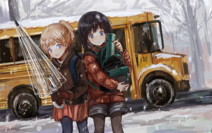 2girls backpack bag black_legwear blonde_hair brown_hair bus coat forest gloves ground_vehicle highres looking_at_viewer medium_hair motor_vehicle multiple_girls nature open_mouth original pantyhose ponytail scenery school_bus school_uniform sero3eta short_hair short_shorts shorts skirt standing umbrella winter winter_clothes winter_coat winter_uniform