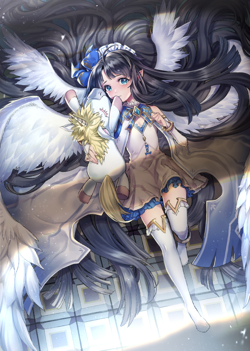 1girl ahoge bangs bare_shoulders black_hair blue_bow blue_eyes blue_ribbon blurry blush bow bracelet bridal_gauntlets brooch closed_mouth cross-laced_clothes detached_sleeves dress feathered_wings flat_chest frilled_dress frills from_above frown full_body hair_bow hair_spread_out highres holding holding_stuffed_toy jewelry knee_up light_particles long_hair looking_at_viewer lying maid_headdress multiple_wings neck_ribbon on_back on_floor panilla_the_revival pointy_ears ribbon short_dress solo straight_hair stuffed_toy stuffed_unicorn thigh-highs tile_floor tiles very_long_hair white_dress white_legwear white_wings window_shade wings yamanashi_kawanashi