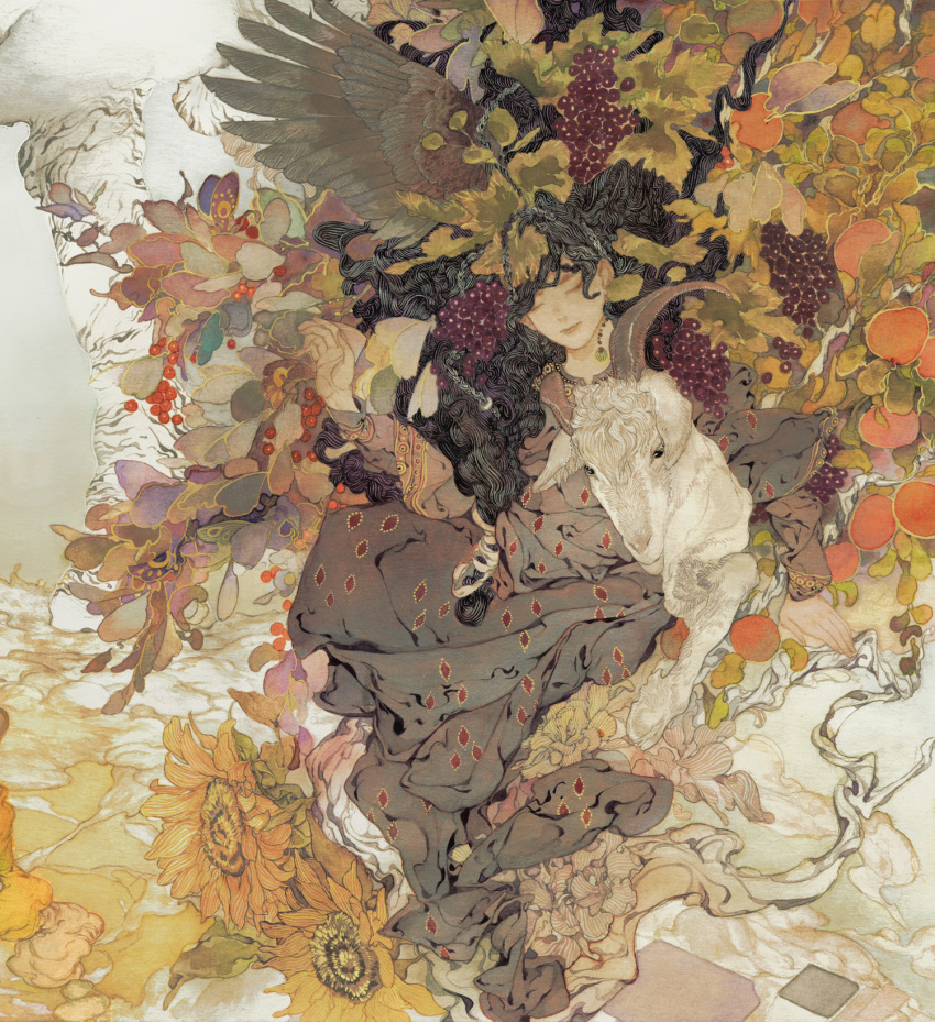1girl black_hair closed_eyes dima feathers floating_hair flower food fruit goat grapes hand_up highres horns leaf long_hair long_sleeves original solo wings yellow_flower