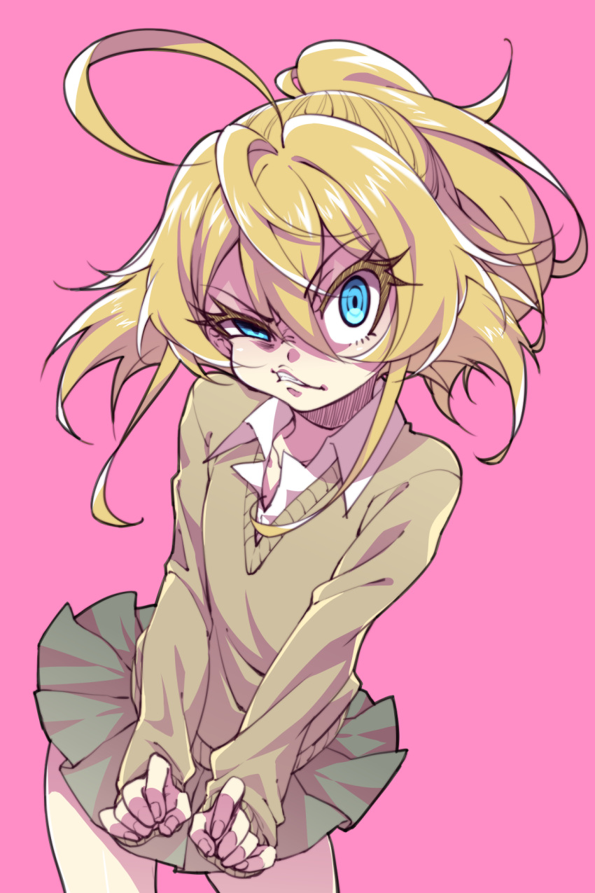 1girl ahoge blonde_hair blue_eyes collared_shirt flat_chest green_skirt hair_between_eyes highres medium_hair pink_background pleated_skirt raised_eyebrow shirt skirt solo sweater tanya_degurechaff wan_nian_da_zha_de_r white_shirt youjo_senki