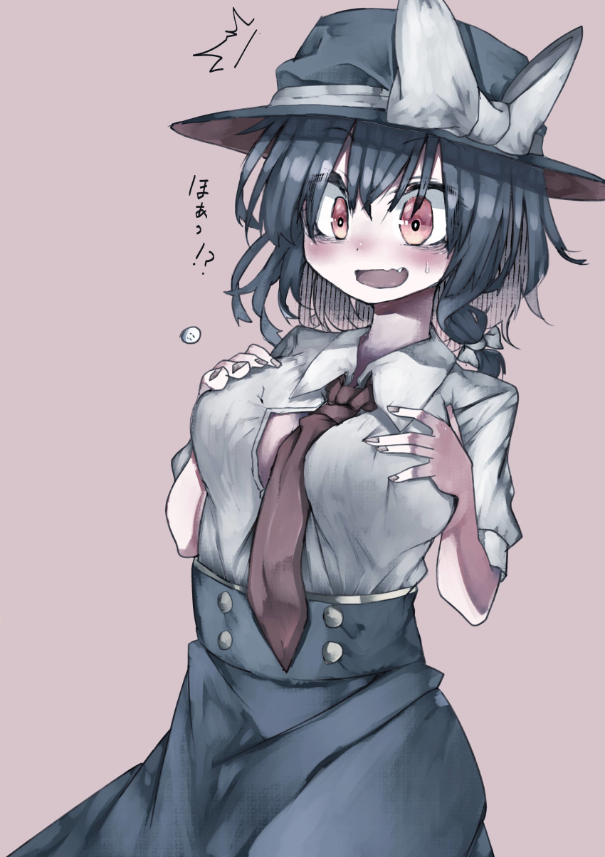 /\/\/\ 1girl absurdres bangs between_breasts black_hair black_headwear black_skirt blush bow breasts brown_background brown_eyes brown_neckwear collared_shirt eyebrows_visible_through_hair fang hands_on_own_chest hat hat_bow highres large_breasts murayo necktie necktie_between_breasts open_mouth popped_button shirt short_hair short_sleeves simple_background skirt solo sweat touhou usami_renko wardrobe_malfunction white_bow white_shirt